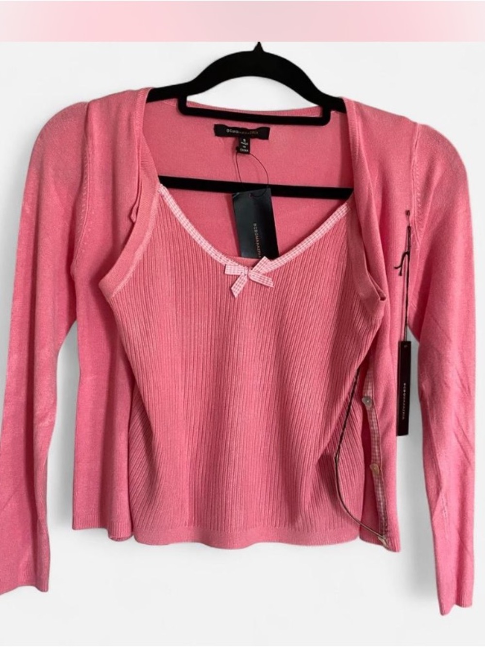 BCBG MAXAZARIA Twin Set Pink Ribbed Tank & Cardigan